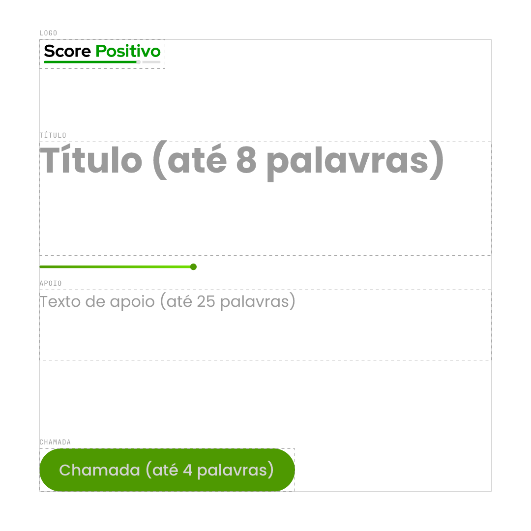 Prévia do template Template de post quadrado (1:1), com zonas de logo, título, apoio e chamada