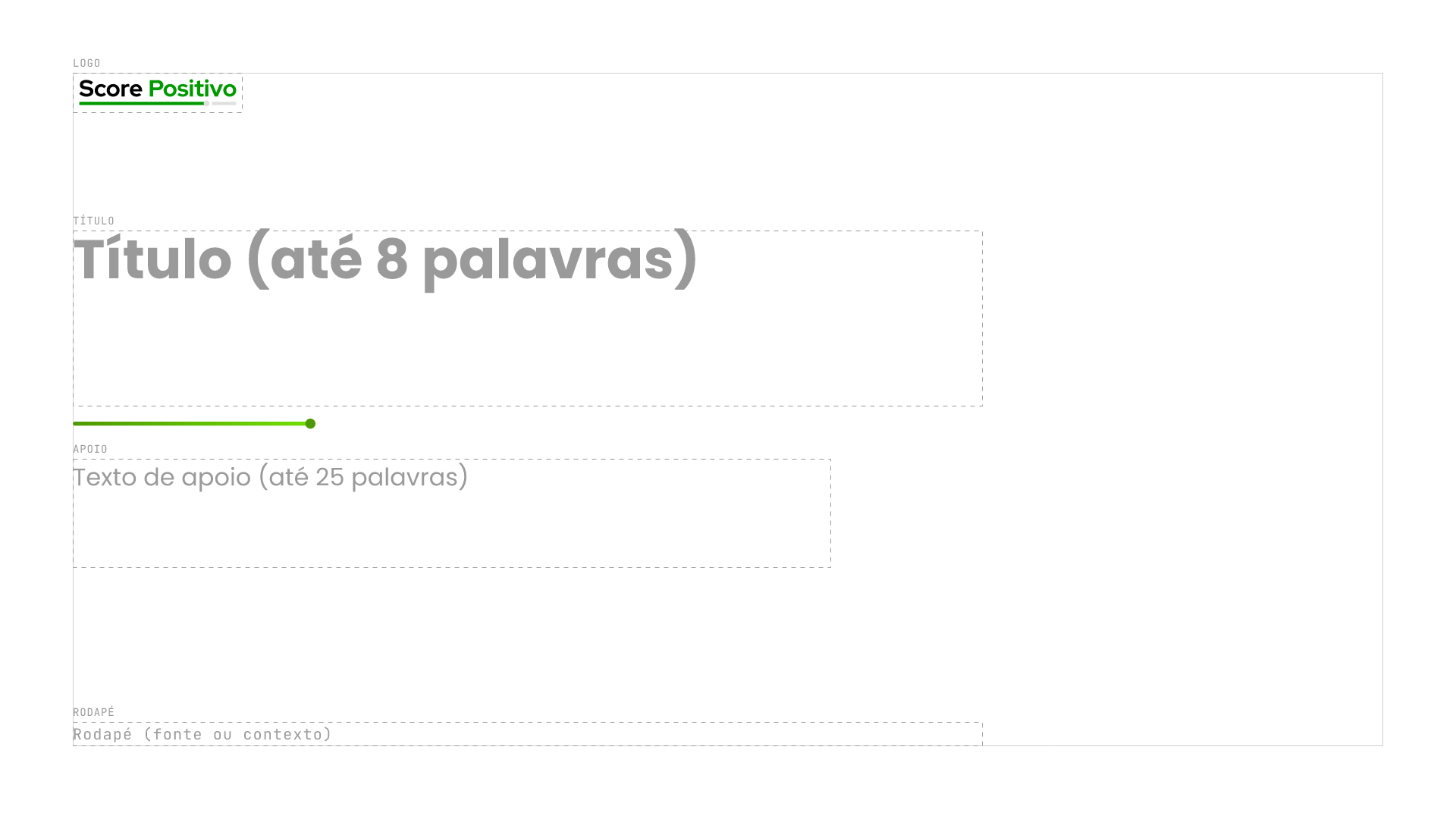Prévia do template Template de slide (16:9), com zonas de logo, título, apoio e chamada